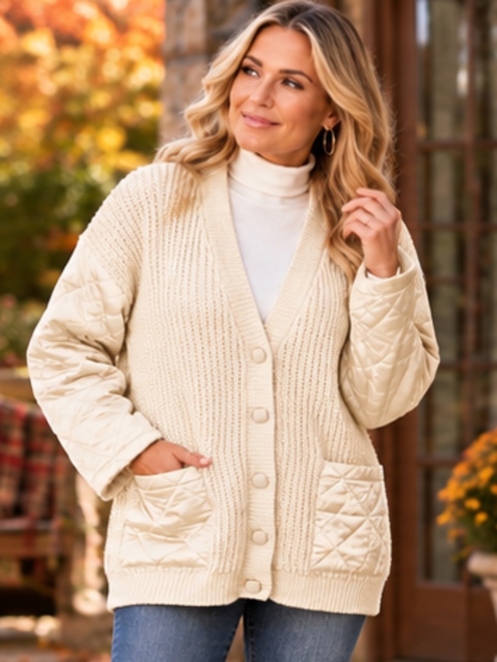 Marla Wynne Ivory Mixed Media Quilted Satin Sleeve Cardigan Jacket L NWT